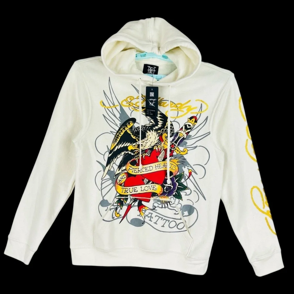 Ed Hardy Men's Ivory Pullover Hooded Sweatshirt Sz Small Tattoo Eagle Hearts NWT
